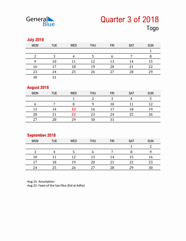 Printable Three Month Calendar with Togo Holidays