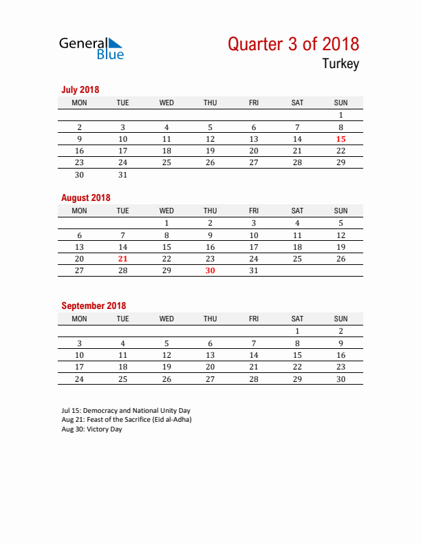 Printable Three Month Calendar with Turkey Holidays