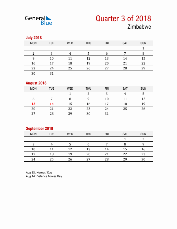 Printable Three Month Calendar with Zimbabwe Holidays