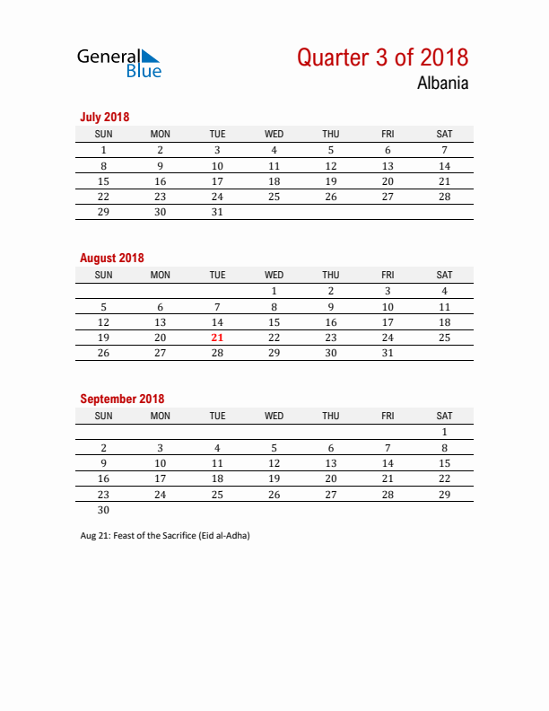 Printable Three Month Calendar with Albania Holidays