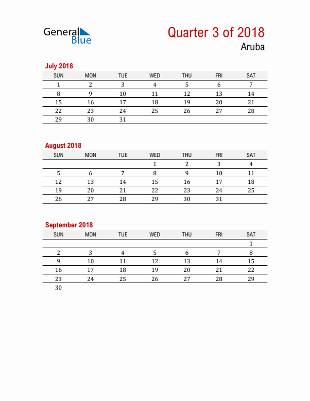 Printable Three Month Calendar with Aruba Holidays