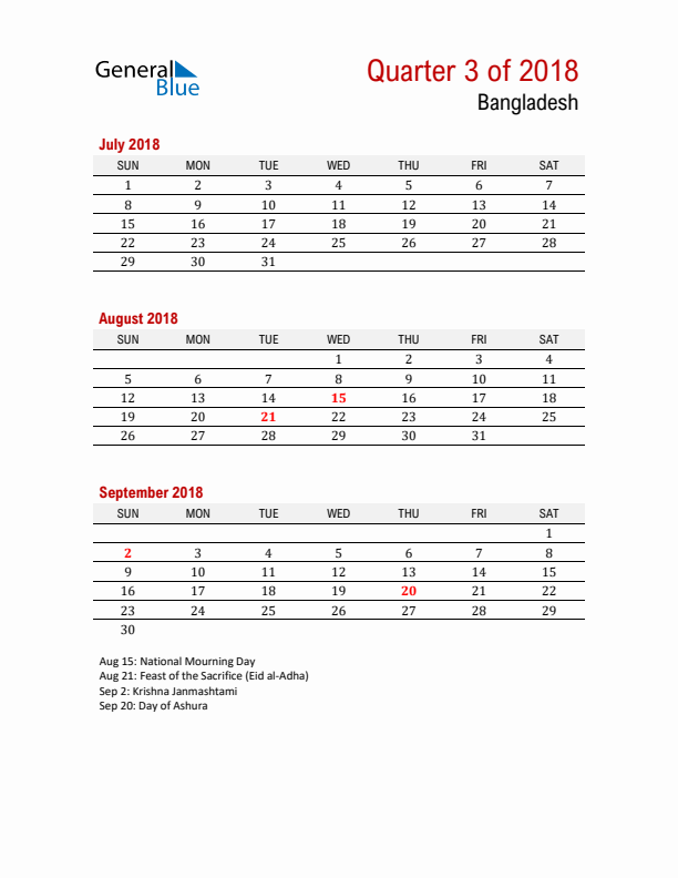 Printable Three Month Calendar with Bangladesh Holidays