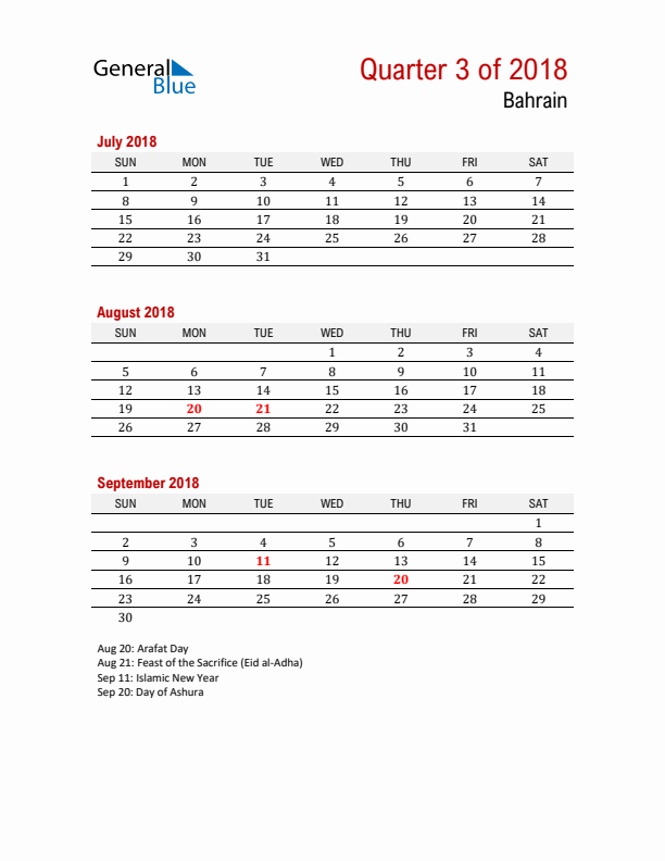 Printable Three Month Calendar with Bahrain Holidays