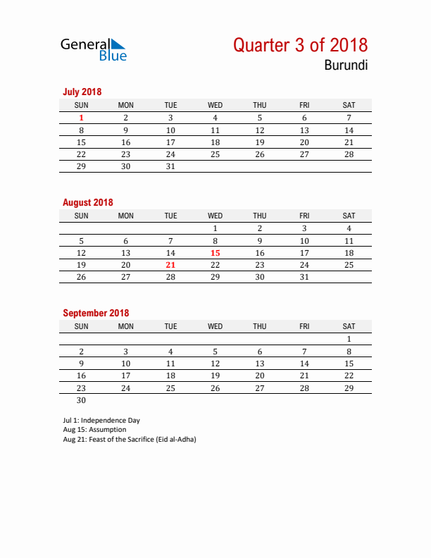 Printable Three Month Calendar with Burundi Holidays