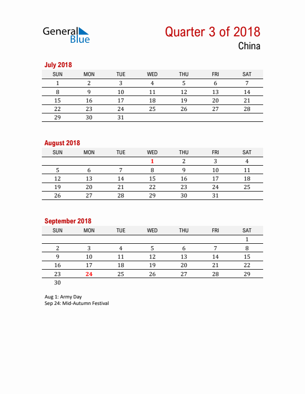 Printable Three Month Calendar with China Holidays