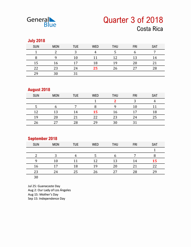 Printable Three Month Calendar with Costa Rica Holidays