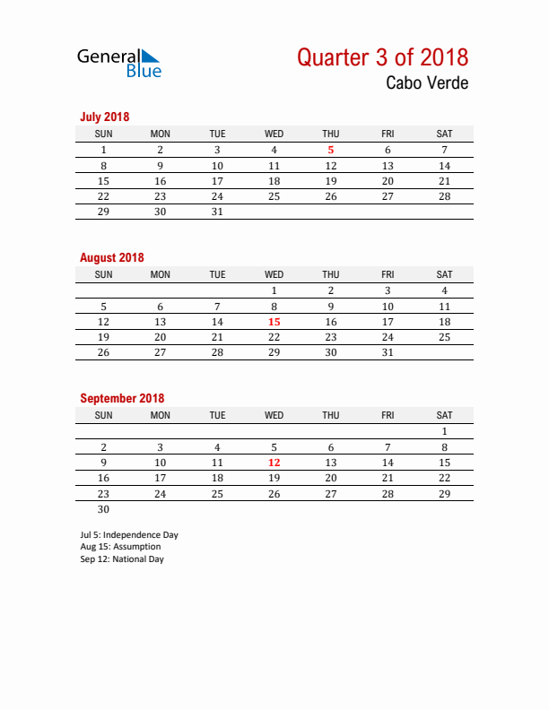 Printable Three Month Calendar with Cabo Verde Holidays