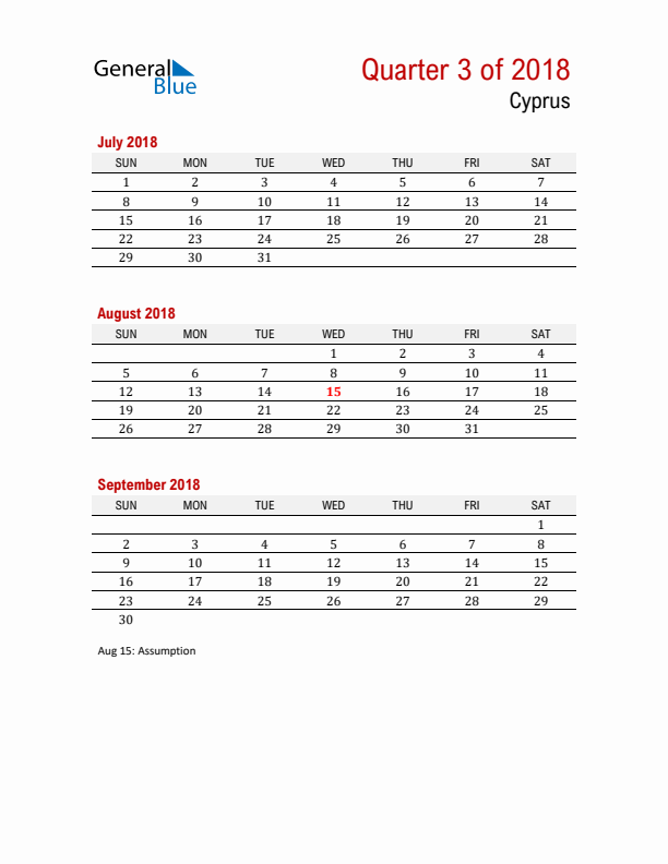 Printable Three Month Calendar with Cyprus Holidays