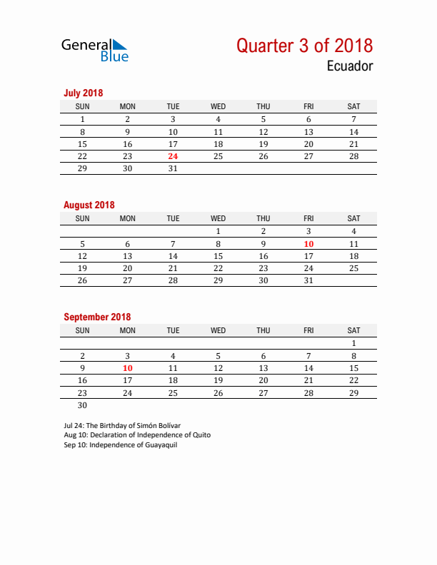 Printable Three Month Calendar with Ecuador Holidays