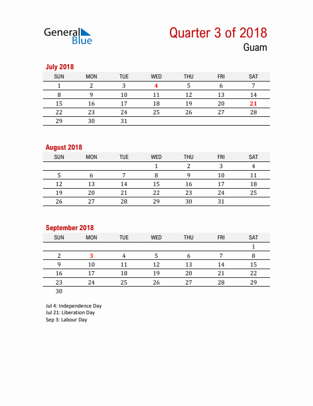 Printable Three Month Calendar with Guam Holidays