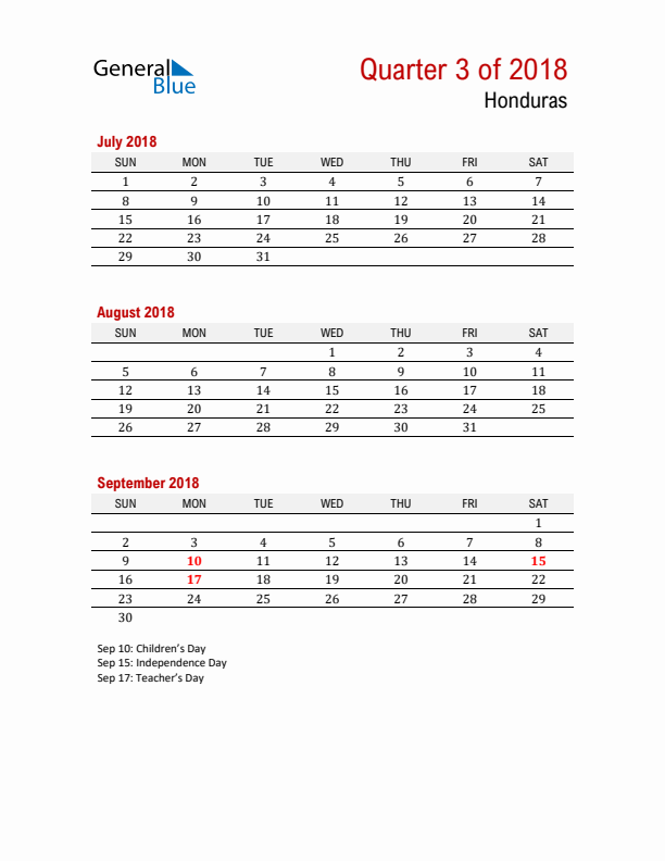 Printable Three Month Calendar with Honduras Holidays