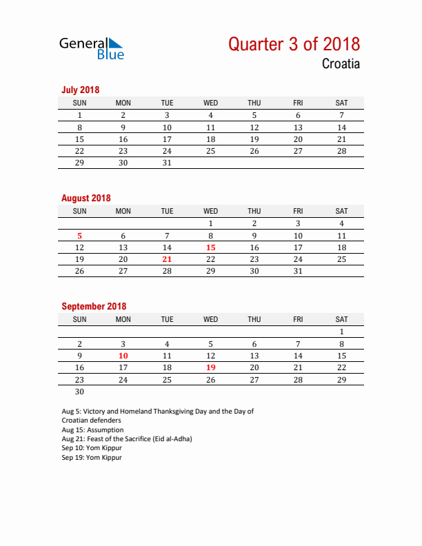 Printable Three Month Calendar with Croatia Holidays