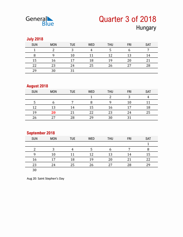 Printable Three Month Calendar with Hungary Holidays