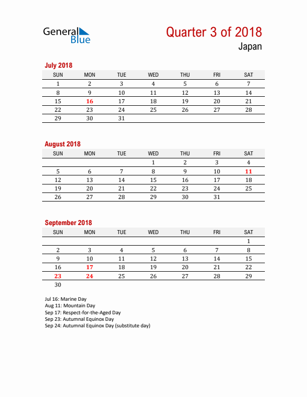 Printable Three Month Calendar with Japan Holidays