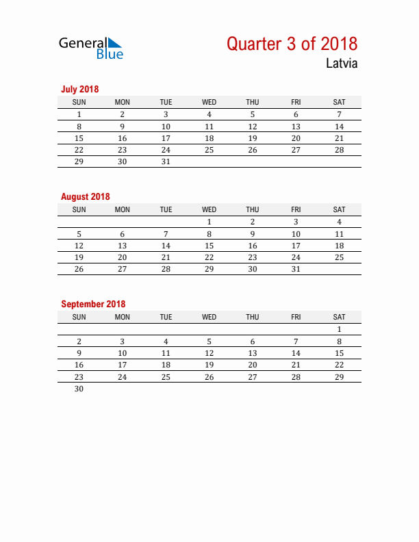 Printable Three Month Calendar with Latvia Holidays