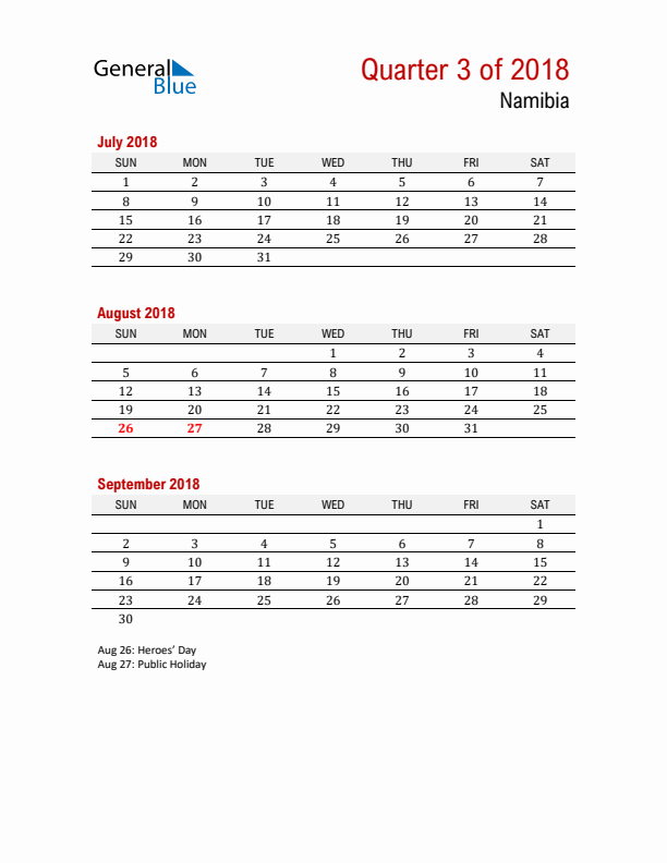 Printable Three Month Calendar with Namibia Holidays