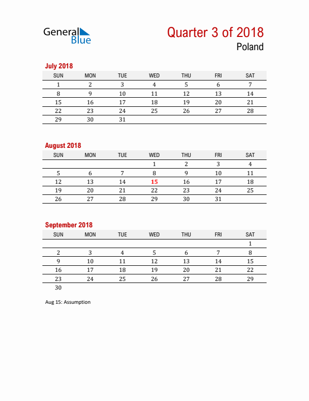 Printable Three Month Calendar with Poland Holidays