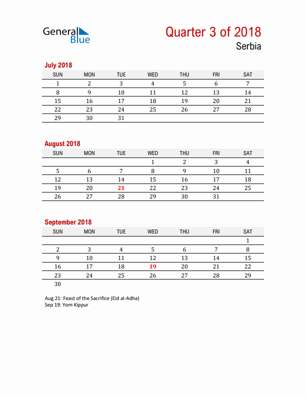 Printable Three Month Calendar with Serbia Holidays