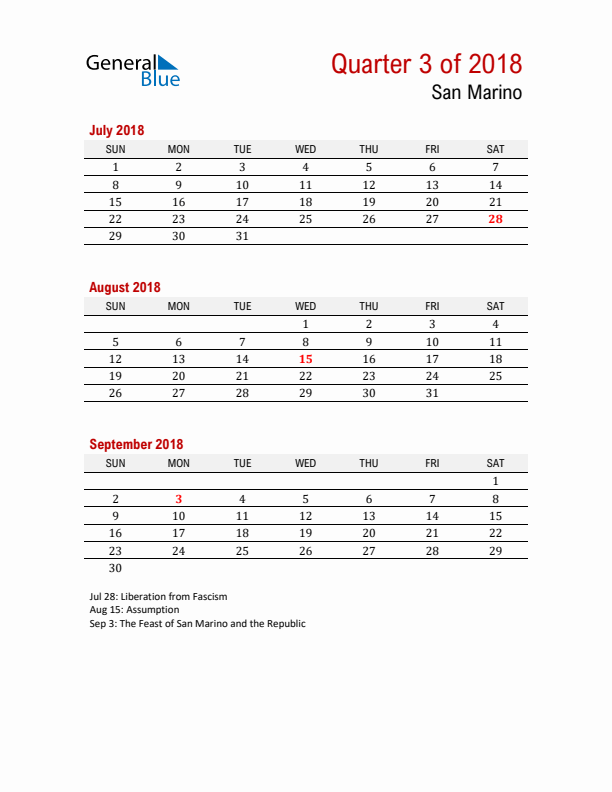 Printable Three Month Calendar with San Marino Holidays