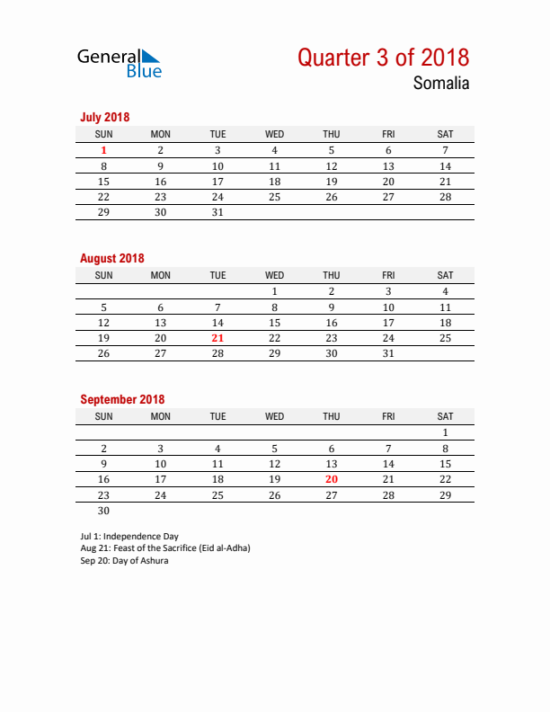 Printable Three Month Calendar with Somalia Holidays