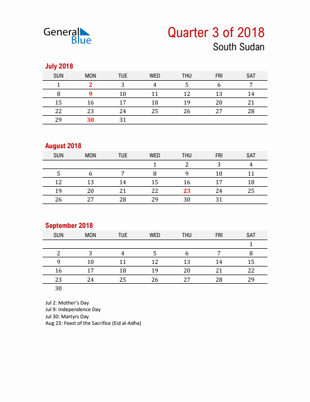 Printable Three Month Calendar with South Sudan Holidays