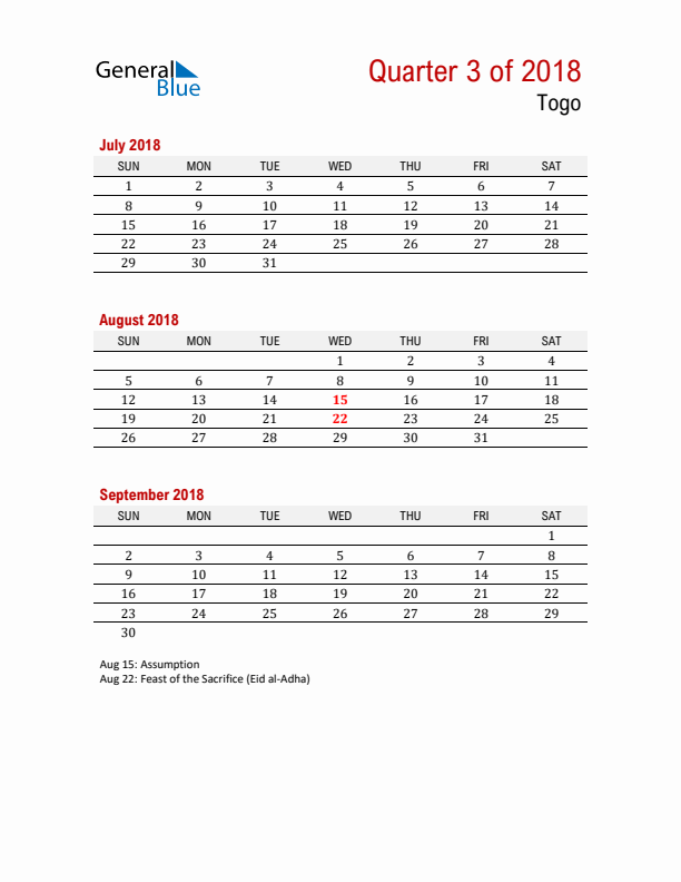 Printable Three Month Calendar with Togo Holidays