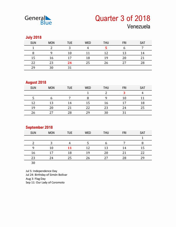 Printable Three Month Calendar with Venezuela Holidays