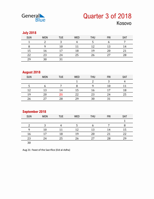 Printable Three Month Calendar with Kosovo Holidays