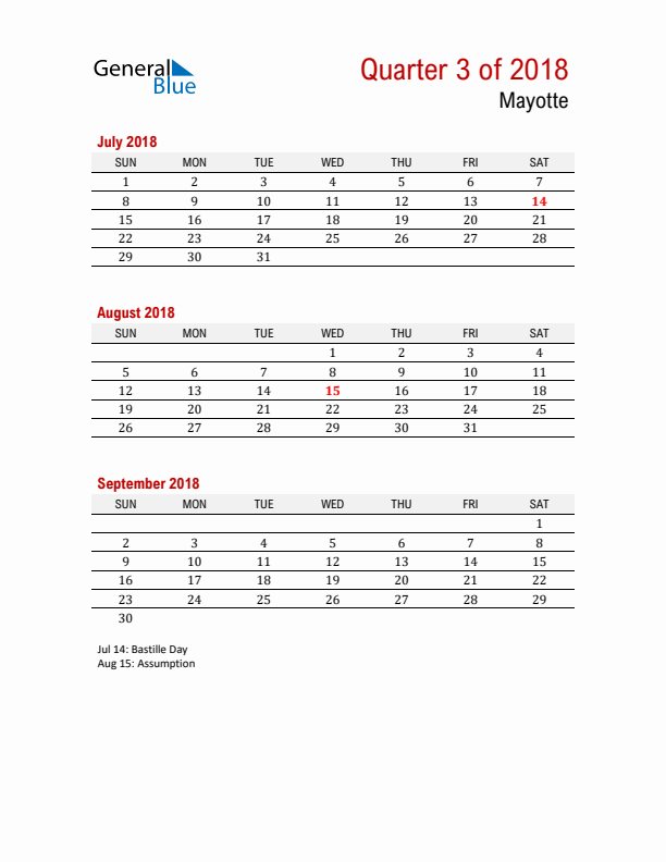 Printable Three Month Calendar with Mayotte Holidays