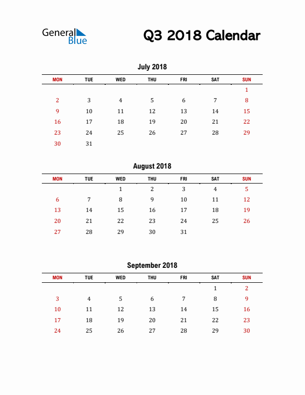 2018 Q3 Calendar with Red Weekend