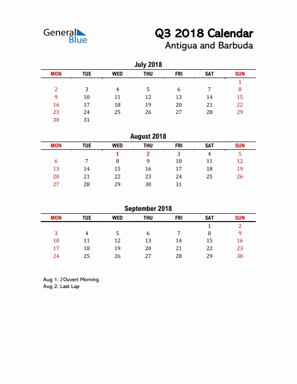 2018 Q3 Calendar with Holidays List for Antigua and Barbuda