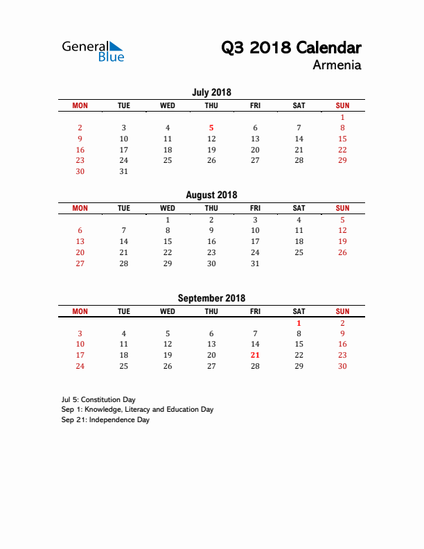 2018 Q3 Calendar with Holidays List for Armenia