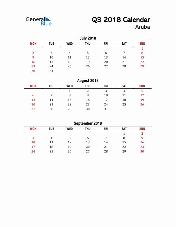 2018 Q3 Calendar with Holidays List for Aruba