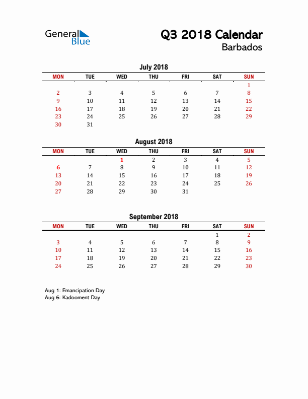 2018 Q3 Calendar with Holidays List for Barbados