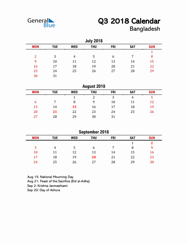 2018 Q3 Calendar with Holidays List for Bangladesh