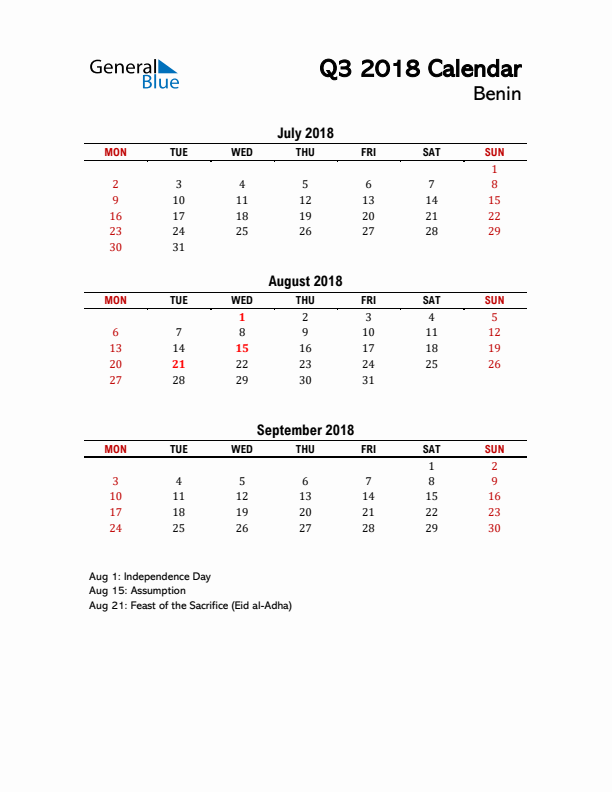 2018 Q3 Calendar with Holidays List for Benin