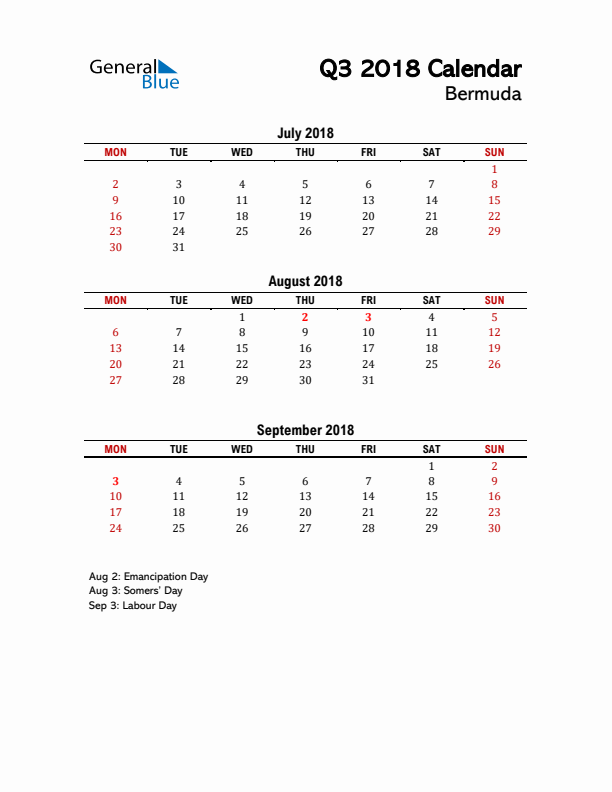 2018 Q3 Calendar with Holidays List for Bermuda