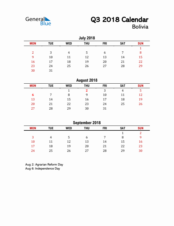 2018 Q3 Calendar with Holidays List for Bolivia