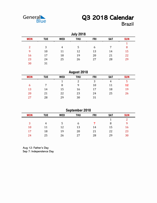 2018 Q3 Calendar with Holidays List for Brazil