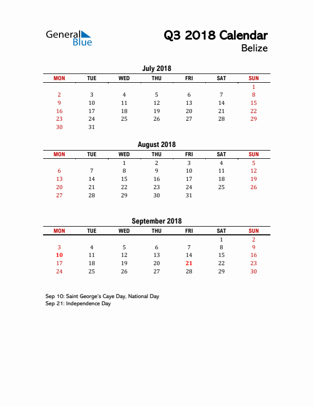 2018 Q3 Calendar with Holidays List for Belize