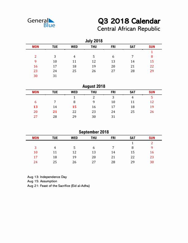 2018 Q3 Calendar with Holidays List for Central African Republic