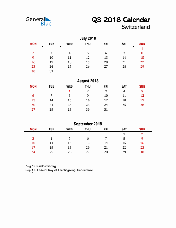 2018 Q3 Calendar with Holidays List for Switzerland