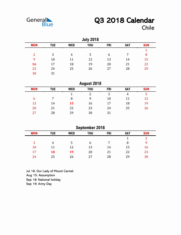 2018 Q3 Calendar with Holidays List for Chile