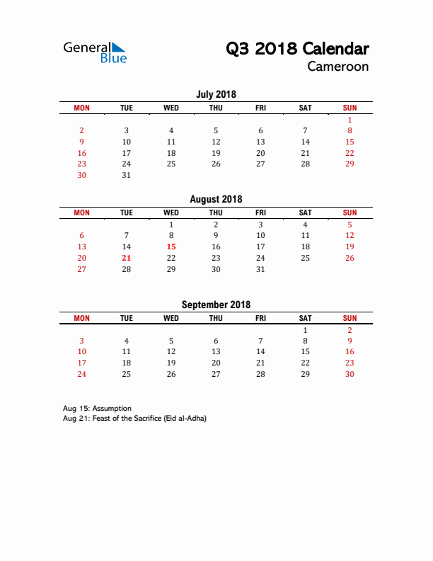 2018 Q3 Calendar with Holidays List for Cameroon