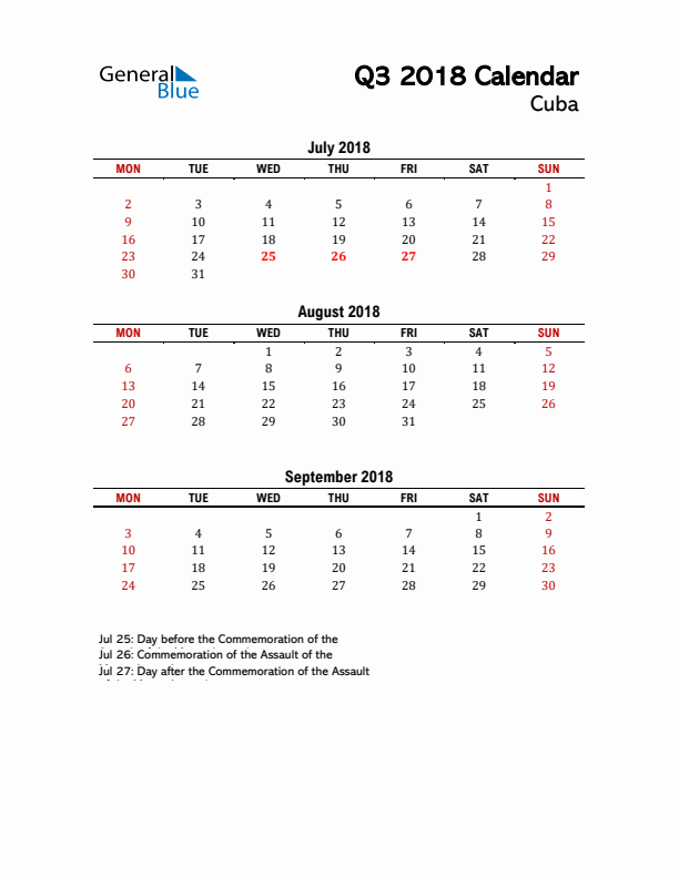 2018 Q3 Calendar with Holidays List for Cuba