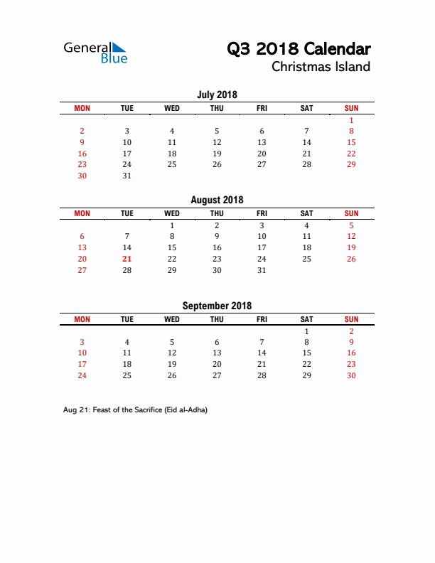 2018 Q3 Calendar with Holidays List for Christmas Island