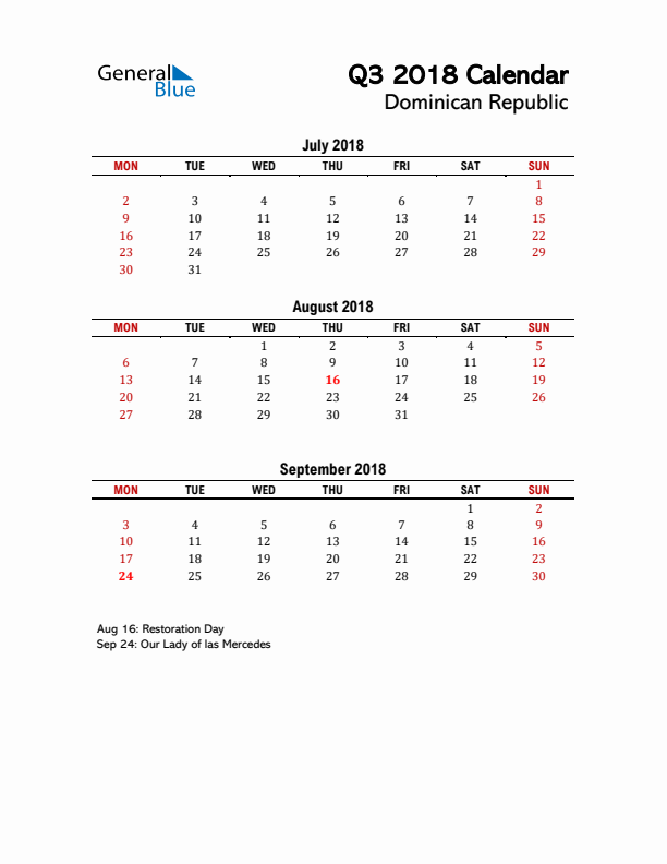 2018 Q3 Calendar with Holidays List for Dominican Republic