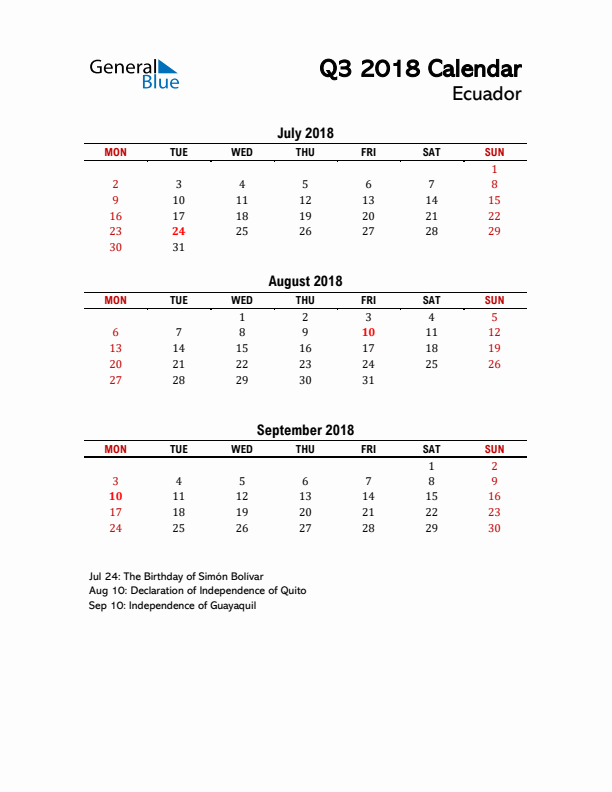 2018 Q3 Calendar with Holidays List for Ecuador