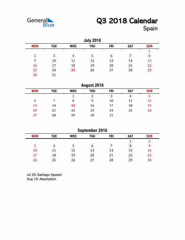 2018 Q3 Calendar with Holidays List for Spain