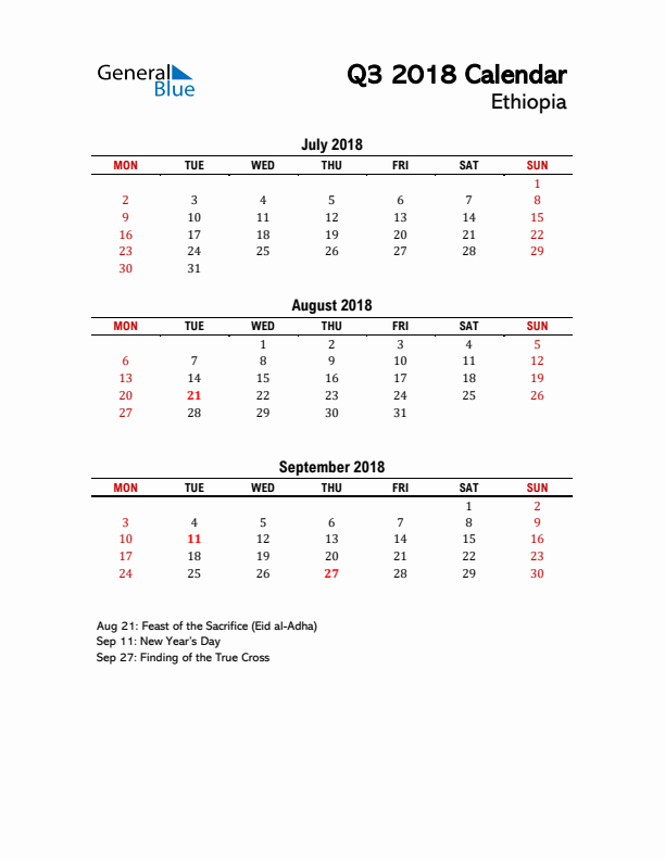 2018 Q3 Calendar with Holidays List for Ethiopia